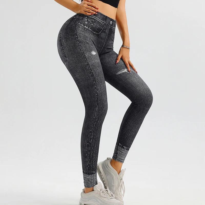 Yoga leggings Tight hip lift soft thick seamless knit fake denim stretch fitness pants - Shop & Buy