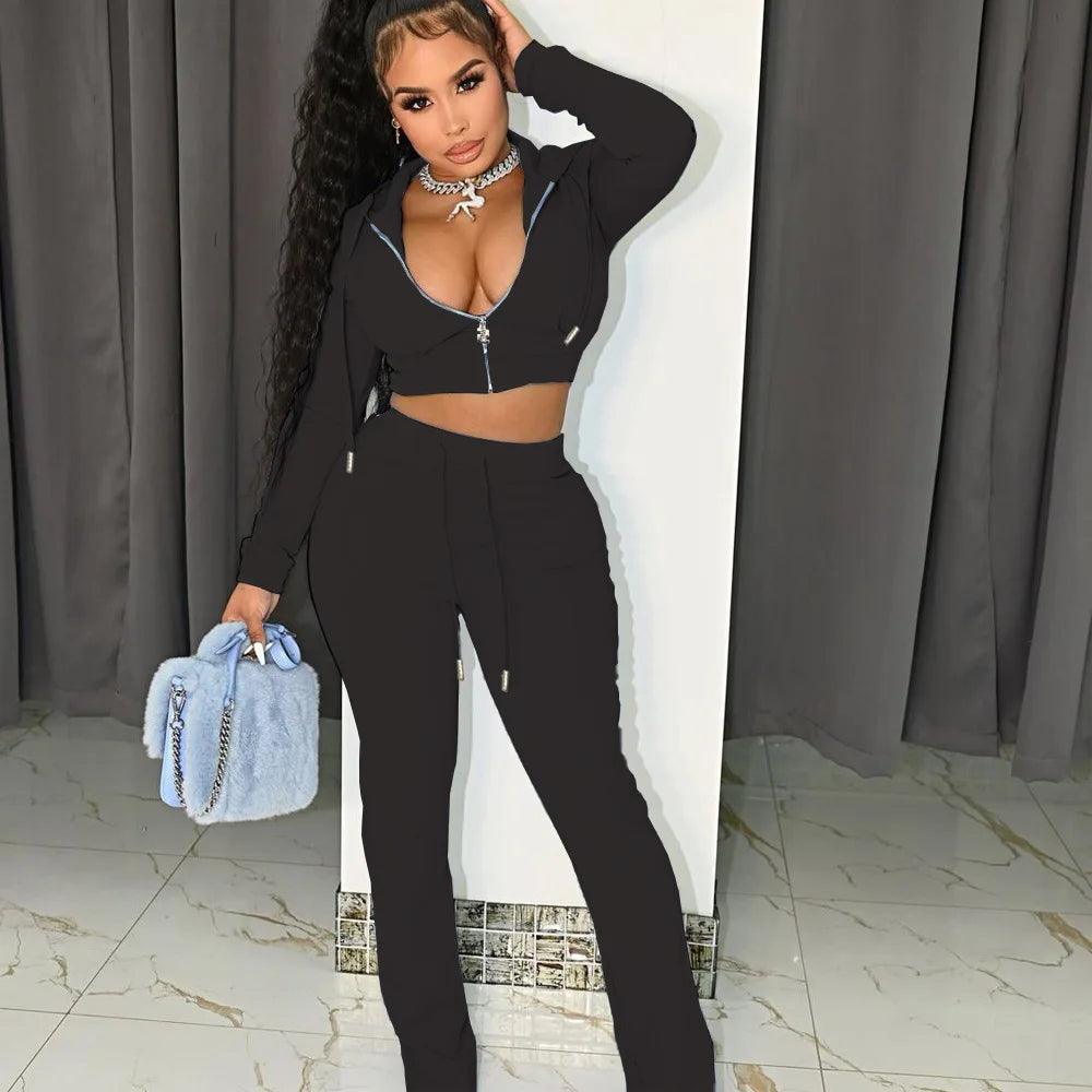 Zipper Lounege Wear Solid Two Piece Set Women Casual Sport Hoodie Crop Top + Flare Pants Slim Outfits Autumn Streetwear Suits - Shop & Buy