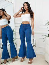 Load image into Gallery viewer, Zipper Pleated Bell Bottom Jeans, Plain Washed Blue Stretchy Flare Leg Denim Pants - Shop &amp; Buy
