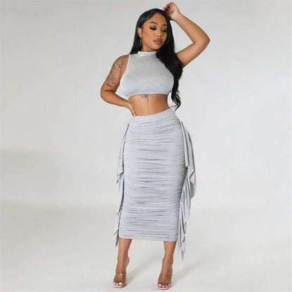 Znaiml Elegant Crop Top and Skirt Club Slim Fit Ruffles Ruched Party Dress Sets Summer Long Skirt Sets for Women 2 Piece Outfit - Shop & Buy