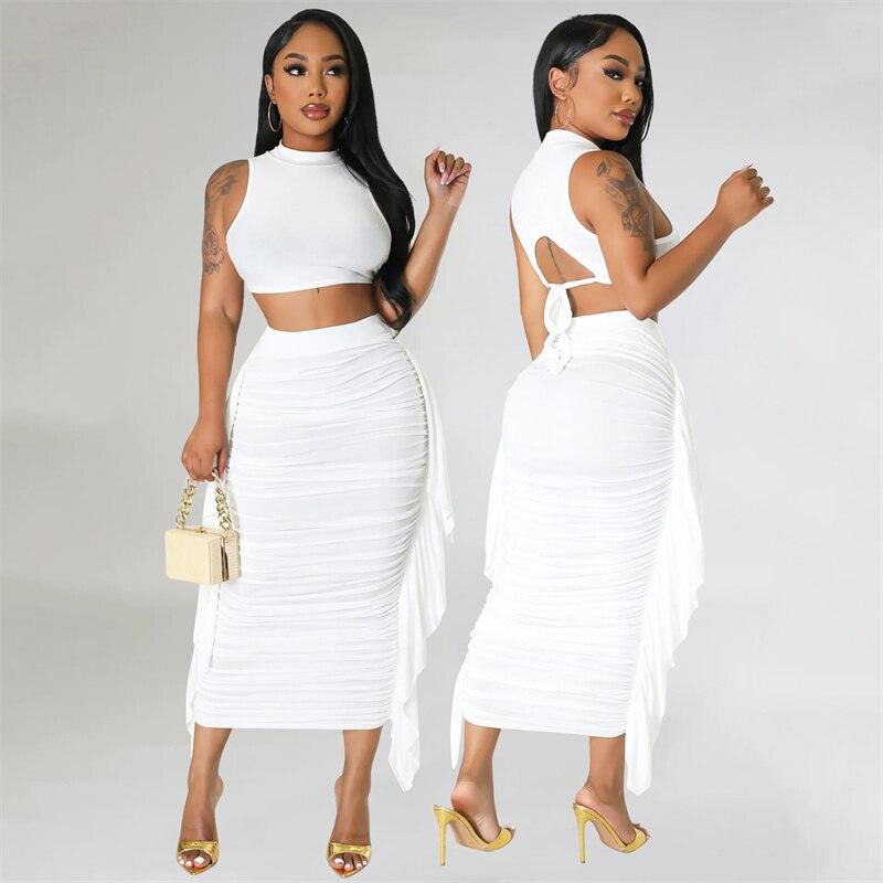 Znaiml Elegant Crop Top and Skirt Club Slim Fit Ruffles Ruched Party Dress Sets Summer Long Skirt Sets for Women 2 Piece Outfit - Shop & Buy