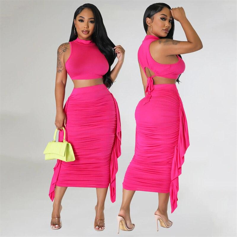 Znaiml Elegant Crop Top and Skirt Club Slim Fit Ruffles Ruched Party Dress Sets Summer Long Skirt Sets for Women 2 Piece Outfit - Shop & Buy