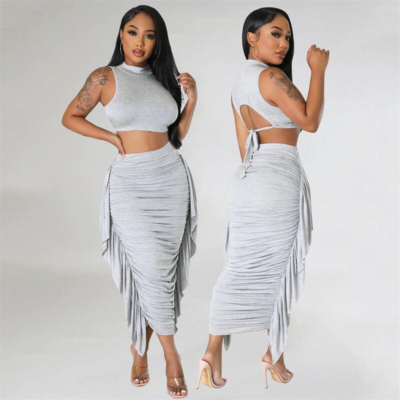 Znaiml Elegant Crop Top and Skirt Club Slim Fit Ruffles Ruched Party Dress Sets Summer Long Skirt Sets for Women 2 Piece Outfit - Shop & Buy