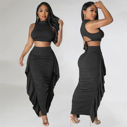 Znaiml Elegant Crop Top and Skirt Club Slim Fit Ruffles Ruched Party Dress Sets Summer Long Skirt Sets for Women 2 Piece Outfit - Shop & Buy