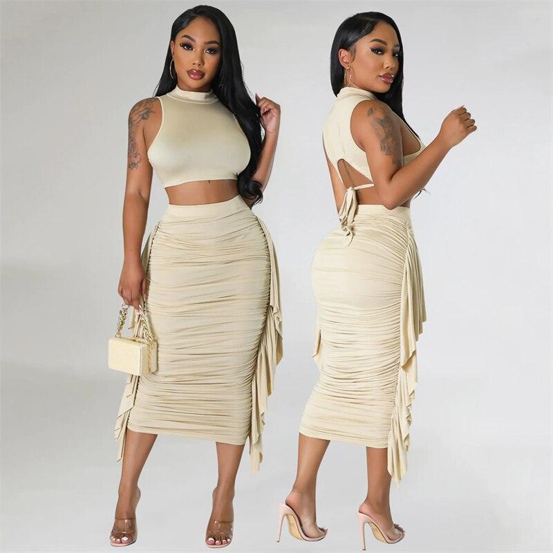 Znaiml Elegant Crop Top and Skirt Club Slim Fit Ruffles Ruched Party Dress Sets Summer Long Skirt Sets for Women 2 Piece Outfit - Shop & Buy