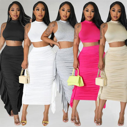 Znaiml Elegant Crop Top and Skirt Club Slim Fit Ruffles Ruched Party Dress Sets Summer Long Skirt Sets for Women 2 Piece Outfit - Shop & Buy