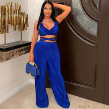 Load image into Gallery viewer, Znaiml Elegant Pleated Festival Club Outfit Womens 2 Piece Outfit Appliques Lace-up Crop Top and Wide Leg Pants Matching Sets - Shop &amp; Buy

