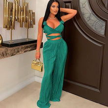 Load image into Gallery viewer, Znaiml Elegant Pleated Festival Club Outfit Womens 2 Piece Outfit Appliques Lace-up Crop Top and Wide Leg Pants Matching Sets - Shop &amp; Buy
