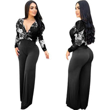 Load image into Gallery viewer, Znaiml Elegant Wide Leg Pants Romper Long Sleeve V-neck Party Club Overalls for Women Floral Print Patchwork Birthday Jumpsuit - Shop &amp; Buy
