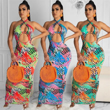 Load image into Gallery viewer, Znaiml Leaf Tropical Print Beach Halter Backless Off Shoulder Maxi Dress Women Birthday Party Club Night Bodycon Long Vestidos - Shop &amp; Buy
