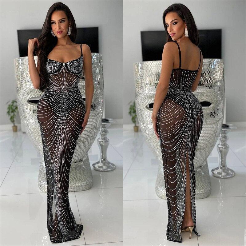 Znaiml Sexy Mesh See Through Night Party Club Birthday Dress for Women Sparkly Crystal Rhinestone Gown Wedding Evening Dress - Shop & Buy