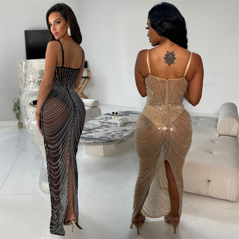 Znaiml Sexy Mesh See Through Night Party Club Birthday Dress for Women Sparkly Crystal Rhinestone Gown Wedding Evening Dress - Shop & Buy