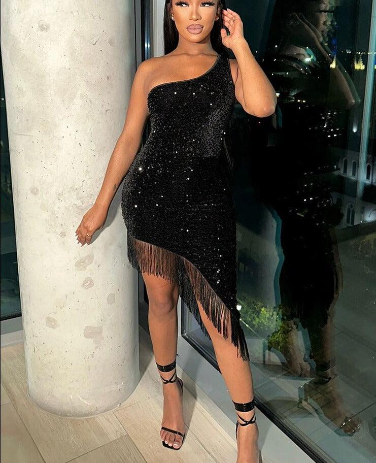 Znaiml Sexy One Shoulder Irregular Tassel Sequin Black Short Dress for Women Prom Night Party Birthday - Shop & Buy