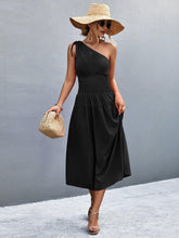 Load image into Gallery viewer, Asymmetrical One Shoulder Smocked Waist Midi Dress - Shop &amp; Buy

