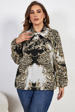Load image into Gallery viewer, Melo Apparel Plus Size Printed Tie Neck Long Sleeve Blouse - Shop &amp; Buy
