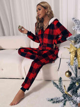 Load image into Gallery viewer, Plaid Zip Front Long Sleeve Hooded Lounge Jumpsuit - Shop &amp; Buy
