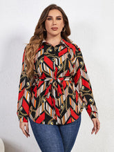 Load image into Gallery viewer, Plus Size Printed Collared Neck Tie Waist Long Sleeve Shirt - Shop &amp; Buy
