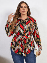 Load image into Gallery viewer, Plus Size Printed Collared Neck Tie Waist Long Sleeve Shirt - Shop &amp; Buy
