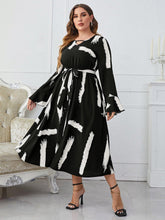 Load image into Gallery viewer, Plus Size Printed Tie Belt Flare Sleeve Round Neck Midi Dress - Shop &amp; Buy
