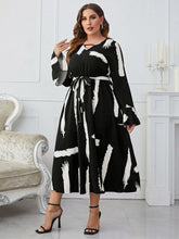 Load image into Gallery viewer, Plus Size Printed Tie Belt Flare Sleeve Round Neck Midi Dress - Shop &amp; Buy
