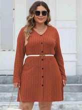 Load image into Gallery viewer, Plus Size Ribbed Buttoned V-Neck Long Sleeve Dress - Shop &amp; Buy
