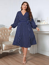 Load image into Gallery viewer, Plus Size Striped Surplice Neck Long Sleeve Dress - Shop &amp; Buy
