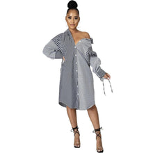 Load image into Gallery viewer, Prowow Striped Mid Women Blouse Dress Long Sleeve Loose Style Outfits for Office Lady Turn-down Collar Single Breasted Clothing - Shop &amp; Buy
