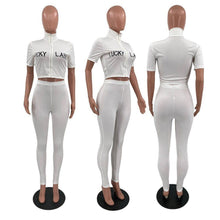 Load image into Gallery viewer, Prowow Two Piece Sport Suits Zipper Crop Short Sleeve Tops High Waisted Pencil Pant Tracksuits Letter Print Women Clothing Set - Shop &amp; Buy
