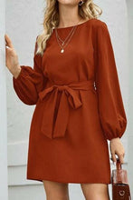 Load image into Gallery viewer, Tied Boat Neck Balloon Sleeve Mini Dress - Shop &amp; Buy

