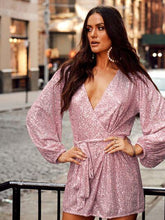 Load image into Gallery viewer, Tied Sequin Surplice Balloon Sleeve Dress - Shop &amp; Buy
