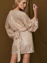 Load image into Gallery viewer, Tied Sequin Surplice Balloon Sleeve Dress - Shop &amp; Buy
