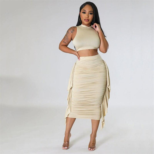 Znaiml Elegant Crop Top and Skirt Club Slim Fit Ruffles Ruched Party Dress Sets Summer Long Skirt Sets for Women 2 Piece Outfit - Shop & Buy