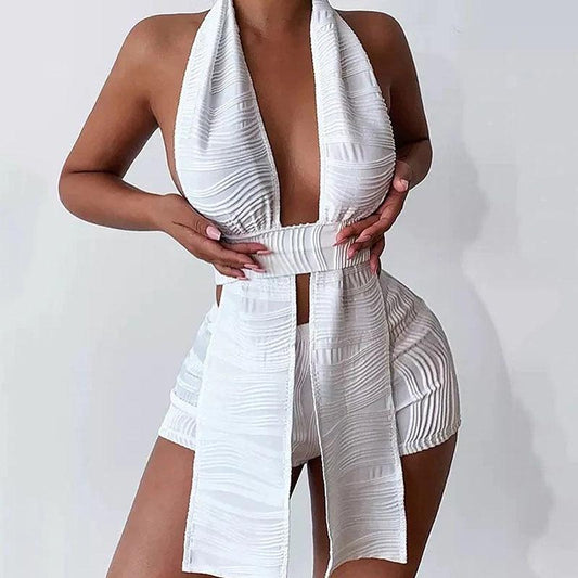 Znaiml Sexy Halter Backless V-neck Y2K Top and Shorts Rave Night Club Party Two Piece Set for Women Outfit - Shop & Buy