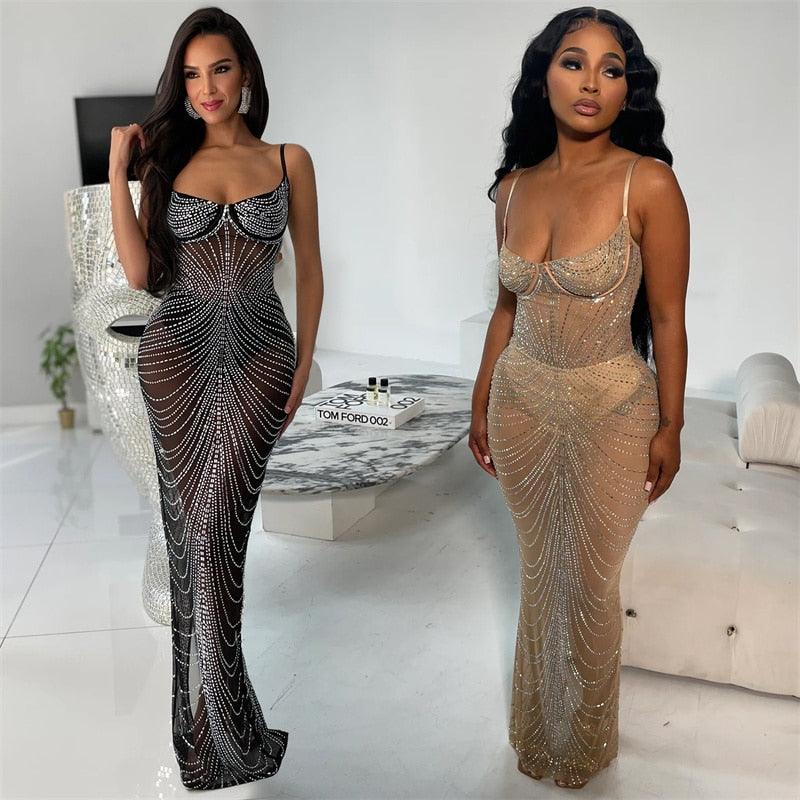 Znaiml Sexy Mesh See Through Night Party Club Birthday Dress for Women Sparkly Crystal Rhinestone Gown Wedding Evening Dress - Shop & Buy